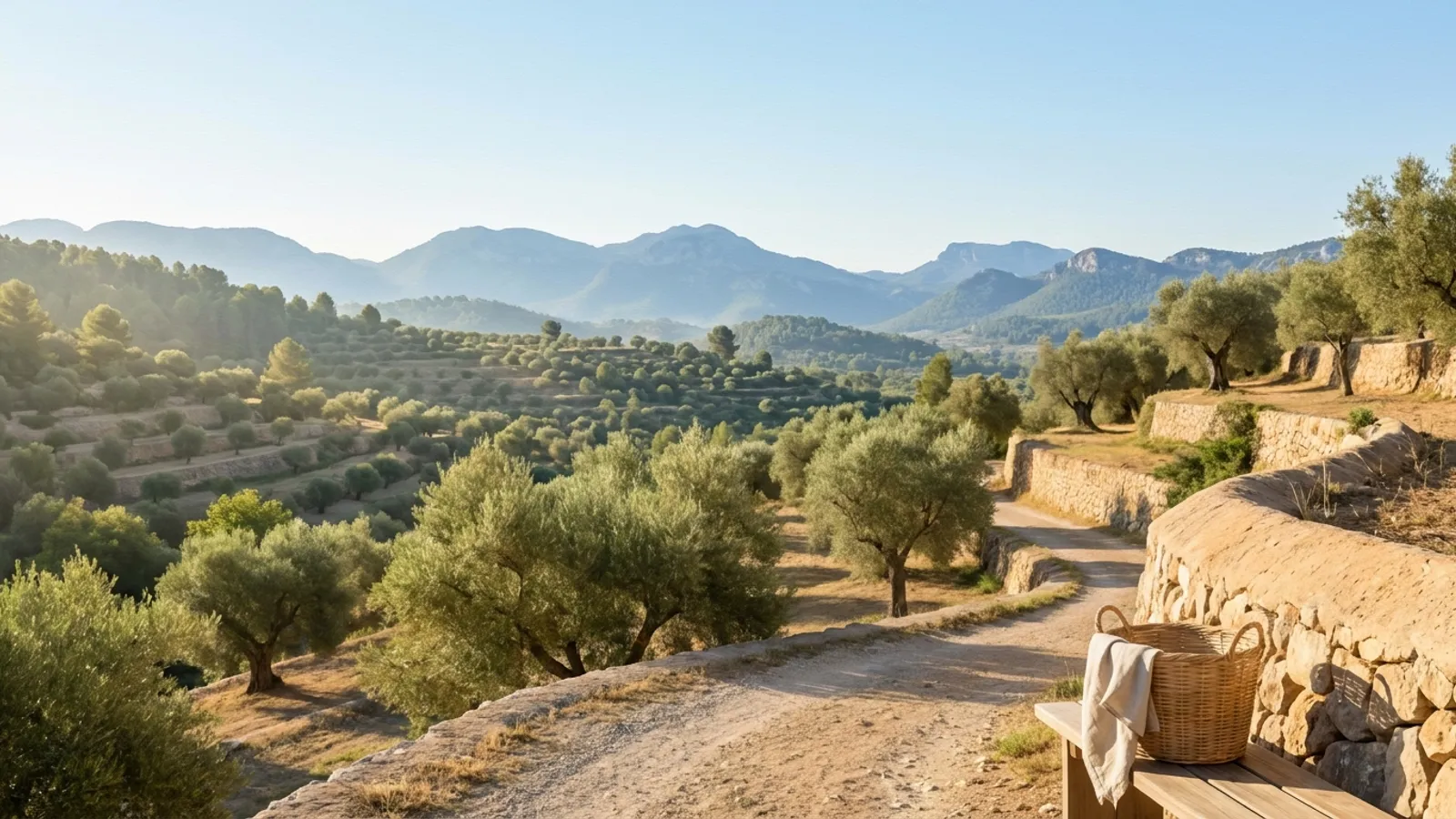 Sun-drenched Mallorcan landscape with olive trees and distant mountains, evoking a sense of peace and natural beauty.