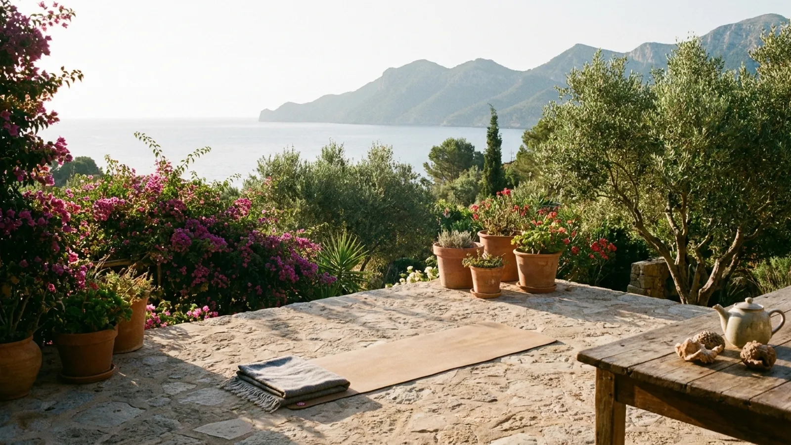 Serene Mallorcan landscape with a yoga mat on a terrace overlooking the sea at sunrise