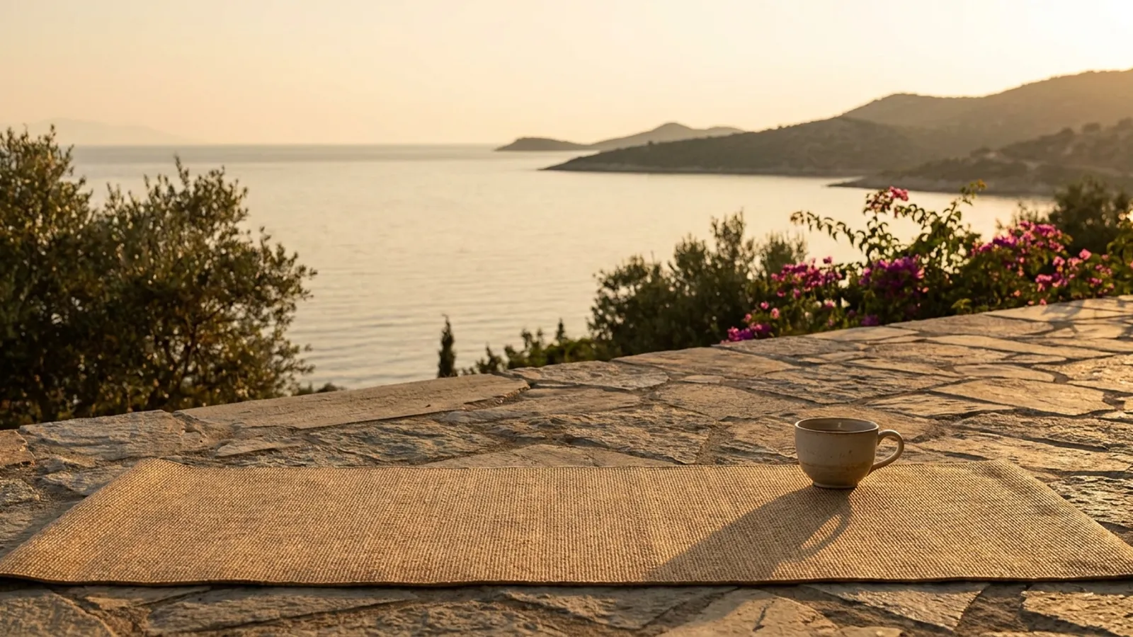 Serene yoga mat overlooking the Majorcan coastline at sunset