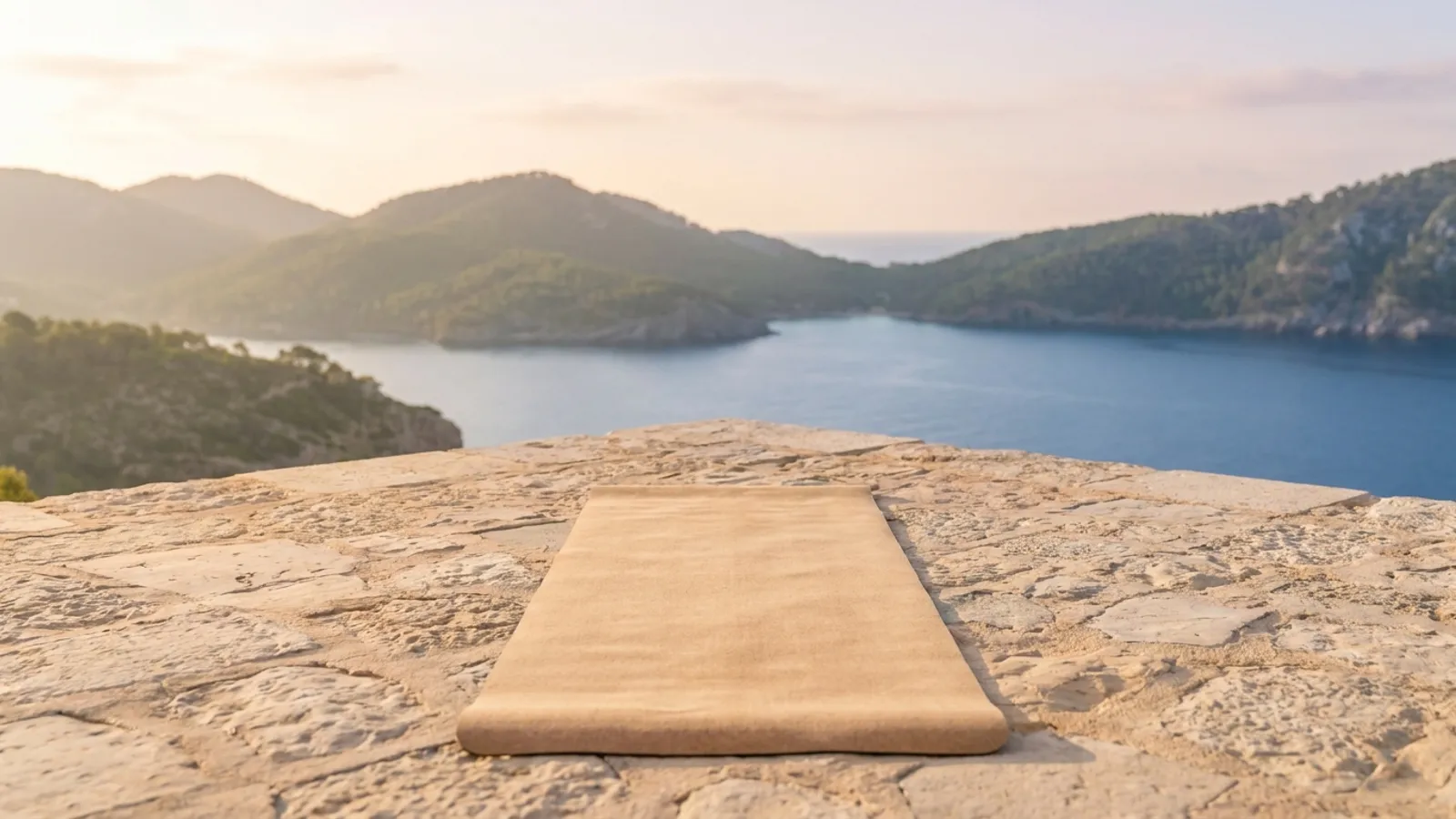 Serene view of Mallorca's coastline with a yoga mat on a terrace during sunrise